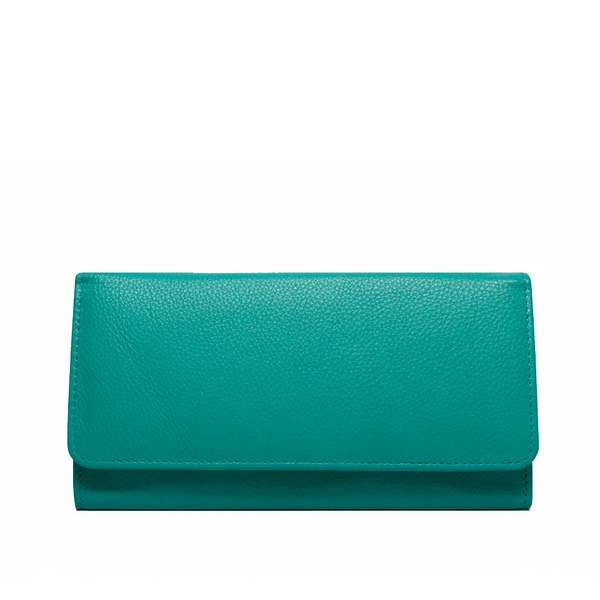 A Campobello RFID Blocking Clutch by Rogue Industries, made from teal Napa leather with a flap closure, featuring RFID blocking technology, elegantly displayed against a white background.