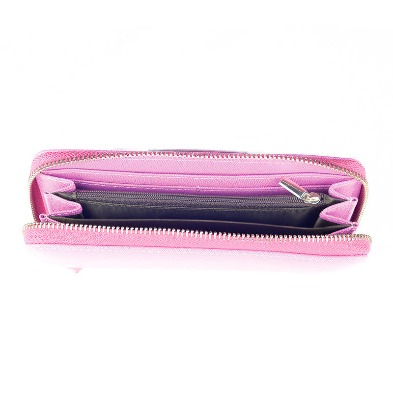 A top view of an open pink Leather Smartphone Clutch _ Multicolors by Rogue Industries with gold zippers. The saffiano finish wallet contains multiple compartments, including one with a zipper on the inside.