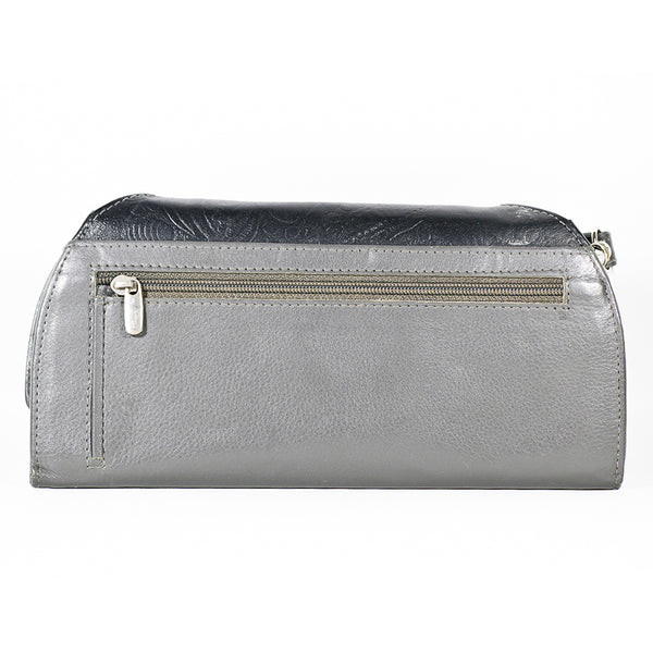 A rectangular, gray leather pouch with a zipper pocket on the front side, designed as an ostrich print clutch, offering both style and functionality, the RFID Blocking Clutch - Napa Leather with Salmon Leather Top by Rogue Industries.