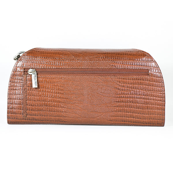 A brown leather RFID Blocking Clutch - Alligator Print by Rogue Industries, featuring a front zipper pocket and a metallic zipper pull tab.