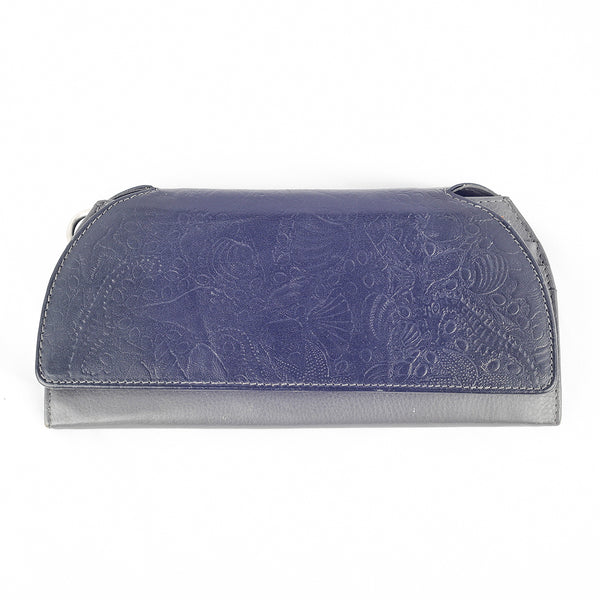 A rectangular purple RFID Blocking Clutch - Napa Leather with Salmon Leather Top by Rogue Industries with subtle embossed ostrich print patterns and a flap closure.