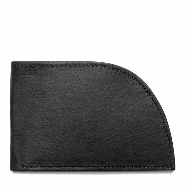 The Factory Second Made in Maine Front Pocket Wallet - BLACK by Rogue Industries is a black leather wallet featuring a unique curved corner and visible stitching, expertly crafted with RFID-blocking technology for trusted quality.