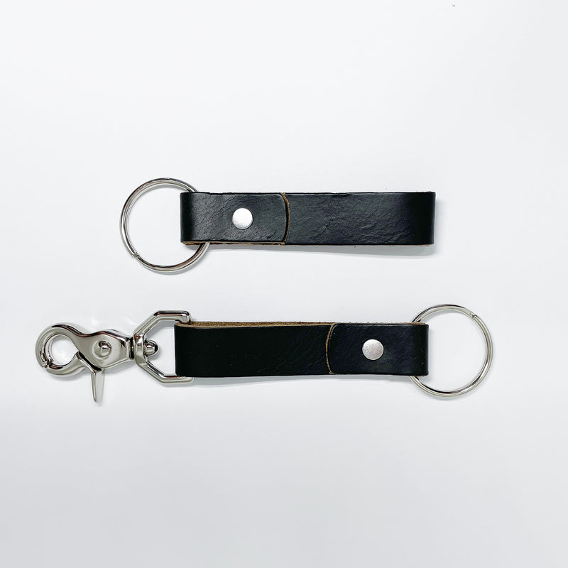 Black Leather Key Ring Holder - White Stitching, Short handle design